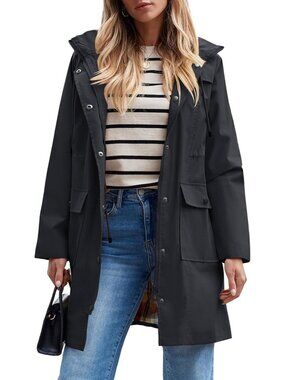 Women's Black Long Raincoat Hooded Windbreaker Waterproof Trench Coat